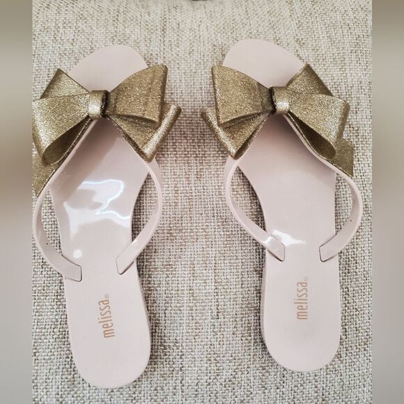 Melissa Harmonic Bow Flip Flops Beige/Gold Glitter Sz 8 - Picture 8 of 11